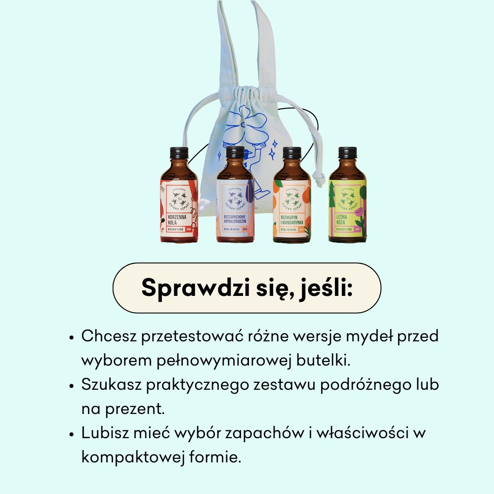 Mydło Set - zestaw 4 mini mydeł, sprawdzi sie jeśli chcesz przetestować różne wersje mydeł przed wyborem pełnowymiarowej butelki.