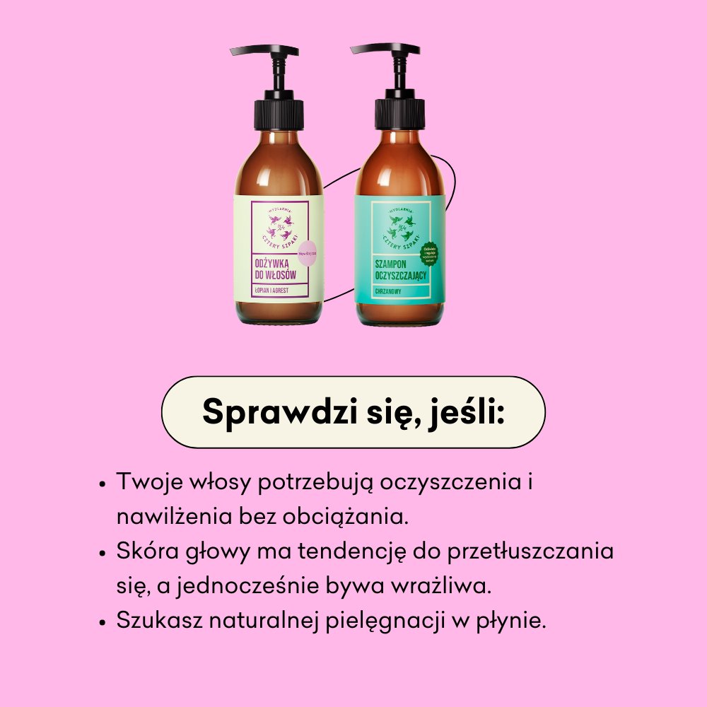 Zestaw - szampon i odżywka w płynie sprawdzi się jeśli twoje włosy potrzebują oczyszczenia bez obciążenia.