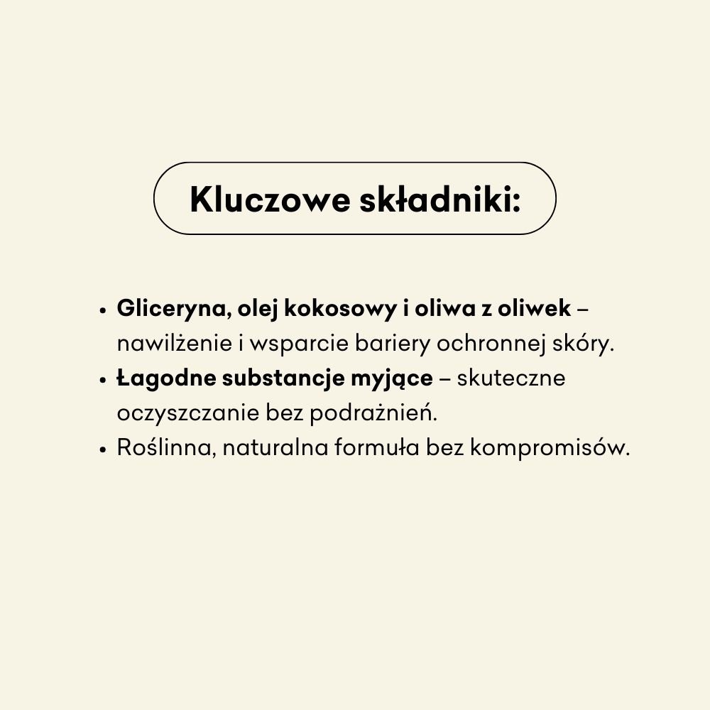 Lista kluczowych składników zawierających glicerynę, olej kokosowy i oliwę z oliwek zapewniających nawilżenie i ochronę skóry, delikatne środki czyszczące zapobiegające podrażnieniom oraz naturalną formułę na bazie roślin.