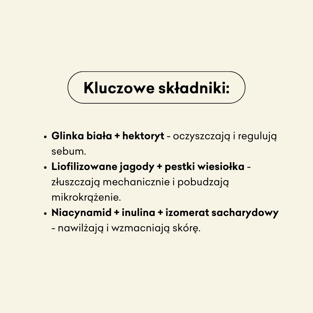 Maseczka do twarzy oczyszczająca Mirt i Jagoda, składniki: glinka biała, hektoryt, liofilizowane jagody, pestki z wiesiołka, niacynamid, inulina, izomerat sacharydowy.