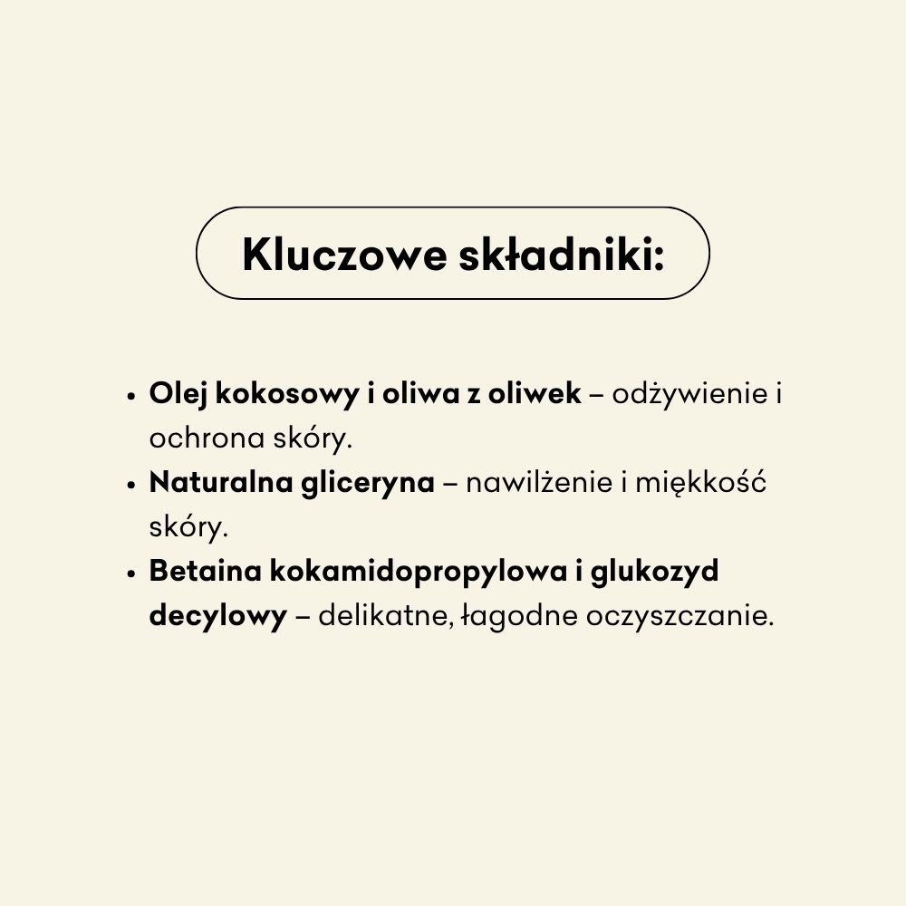 Kluczowe składniki w mydle Rozmaryn i Mandarynka to olej kokosowy, oliwa z oliwek oraz naturalna gliceryna. 