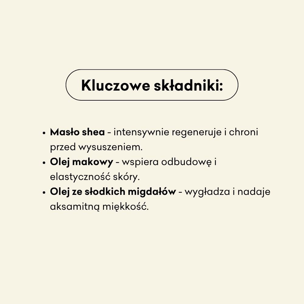 Infografika dotycząca kluczowych składników, które znajdziesz w musie. Na przykład masło shea, olej makowy czy olej ze słodkich migdałów. 