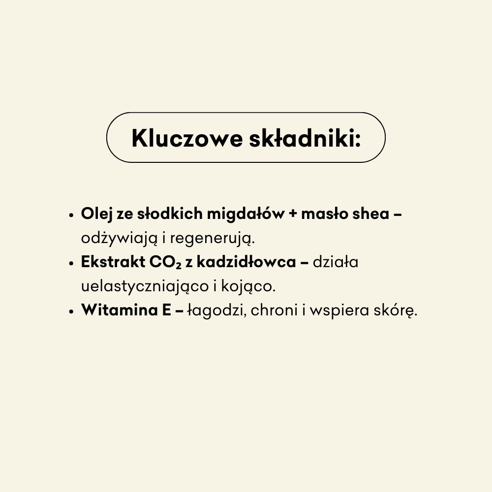 Superkrem infografika kluczowe składniki: olej ze słodkich migdałów, masło shea, ekstrakt co2 z kadzidłowca, witamina e