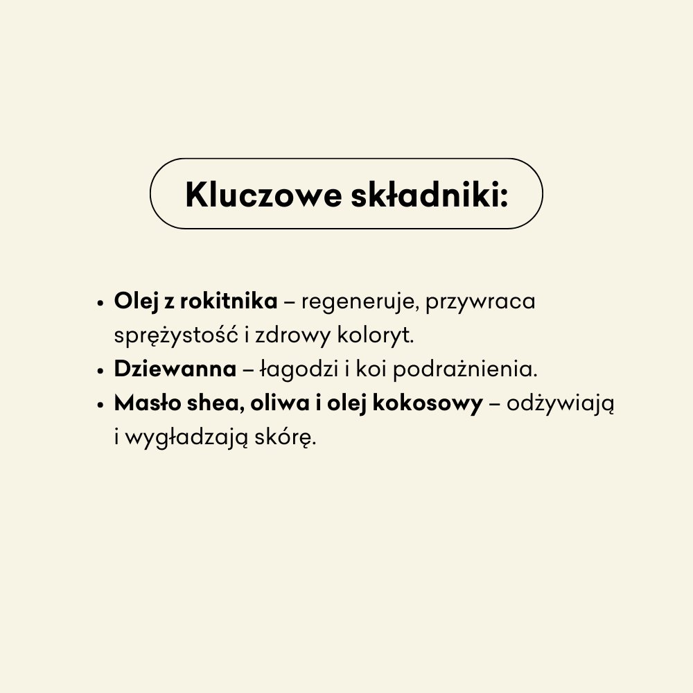 Infografika dotycząca kluczowych składników tj. olej z rokitnika, dziewanna, masło shea, które znajdują się w produkcie. 