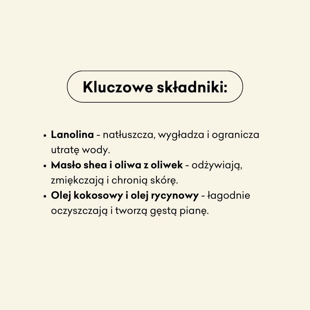Mydło naturalne z lanoliną dla dzieci od pierwszego dnia życia Miś infografika kluczowe składniki: lanolina, masło shea, oliwa z oliwek, olej kokosowy, olej rycynowy
