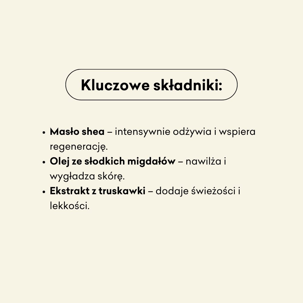 Grafika z nagłówkiem Kluczowe składniki i listą trzech składników w języku polskim: Masło shea, olej ze słodkich migdałów i ekstrakt z truskawek, każdy z krótkim opisem ich zalet.