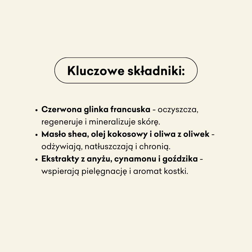 Kluczowe składniki mydła Zimowe to czerwona glinka francuska, masło shea i olej kokosowy.