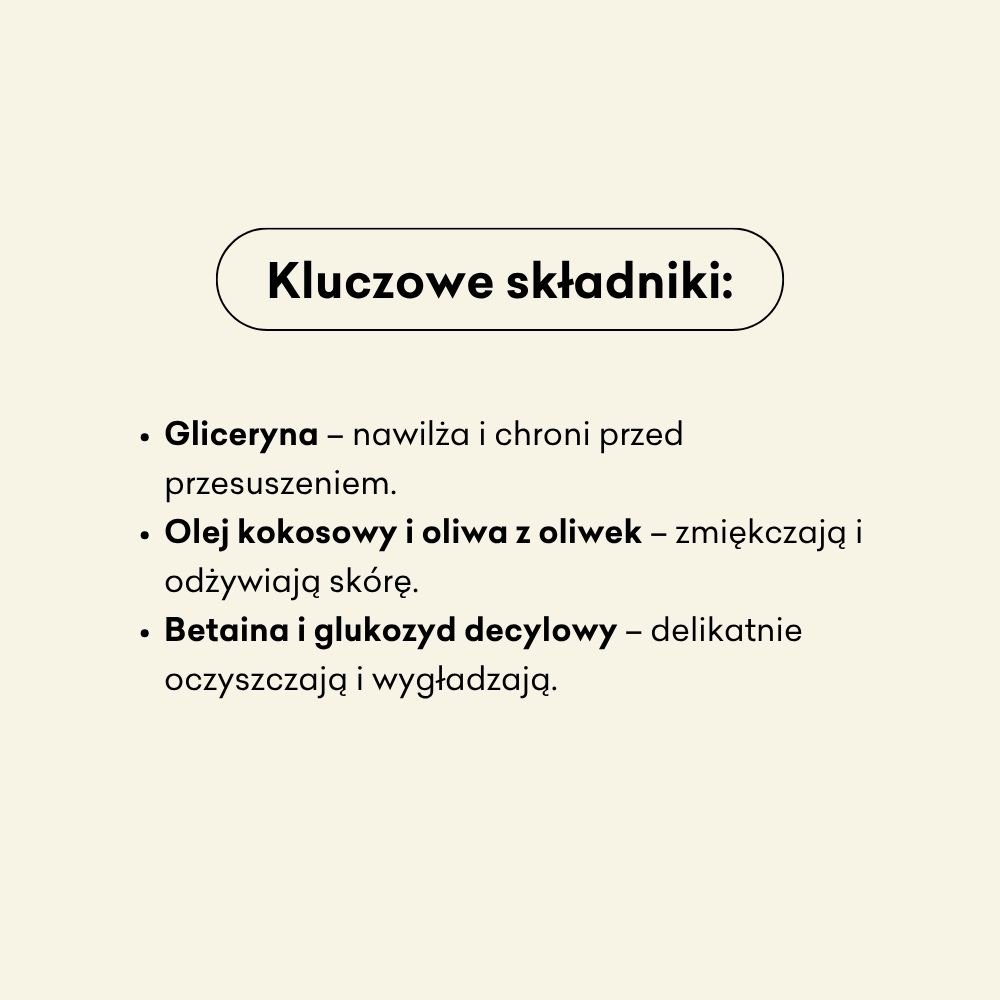 Kluczowe składniki w mydle Eukaliptus Cytrynowy to gliceryna, olej kokosowy, oliwa z oliwek oraz betaina. 