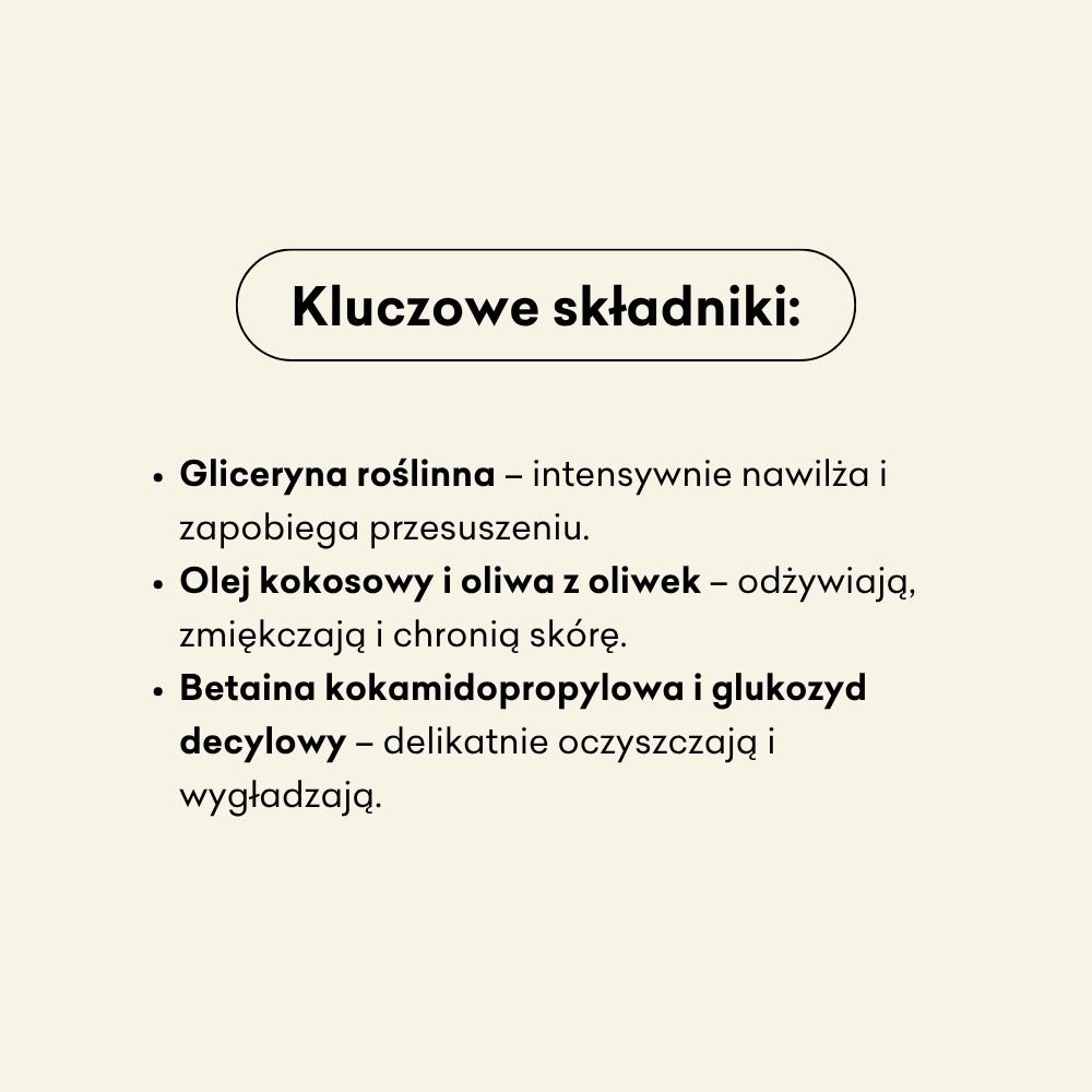 Kluczowe składniki mydła w płynie Pieczone Jabłko to gliceryna roślinna, olej kokosowy i oliwa z oliwek.