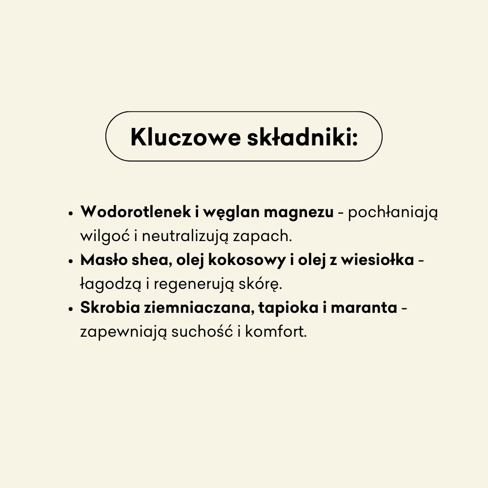 Naturalny dezodorant w kremie mandarynkowy kluczowe składniki: wodorotlenek i węglan magnezu, masło shea, olej kokosowy, olej z wiesiołka, skrobia ziemniaczana, tapioka, maranta.