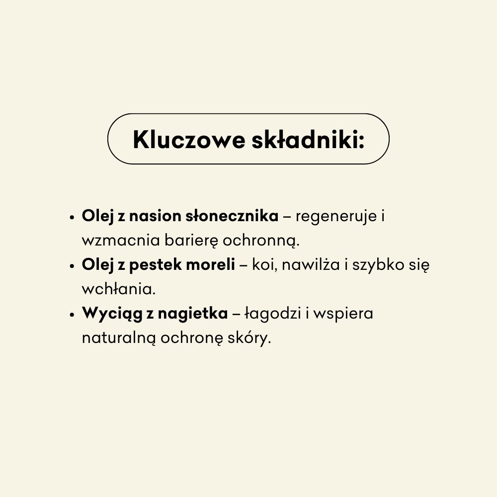 Kaczuszka - olejek do pielęgnacji składniki: olej z  nasion słonecznika, olej z pestek moreli, wyciąg z nagietka.