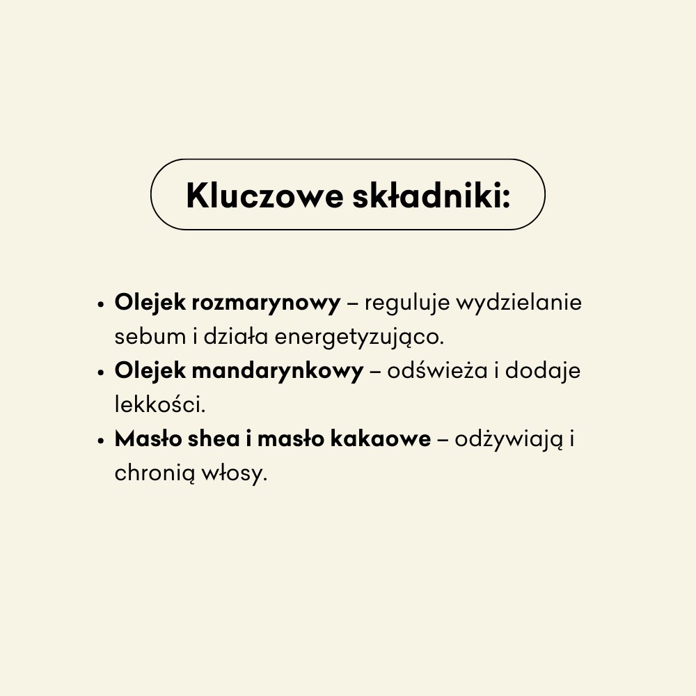 Szampon w kostce Normalizujący infografika kluczowe składniki: olejek rozmarynowy, mandarynkowy, masło shea i masło kakaowe.