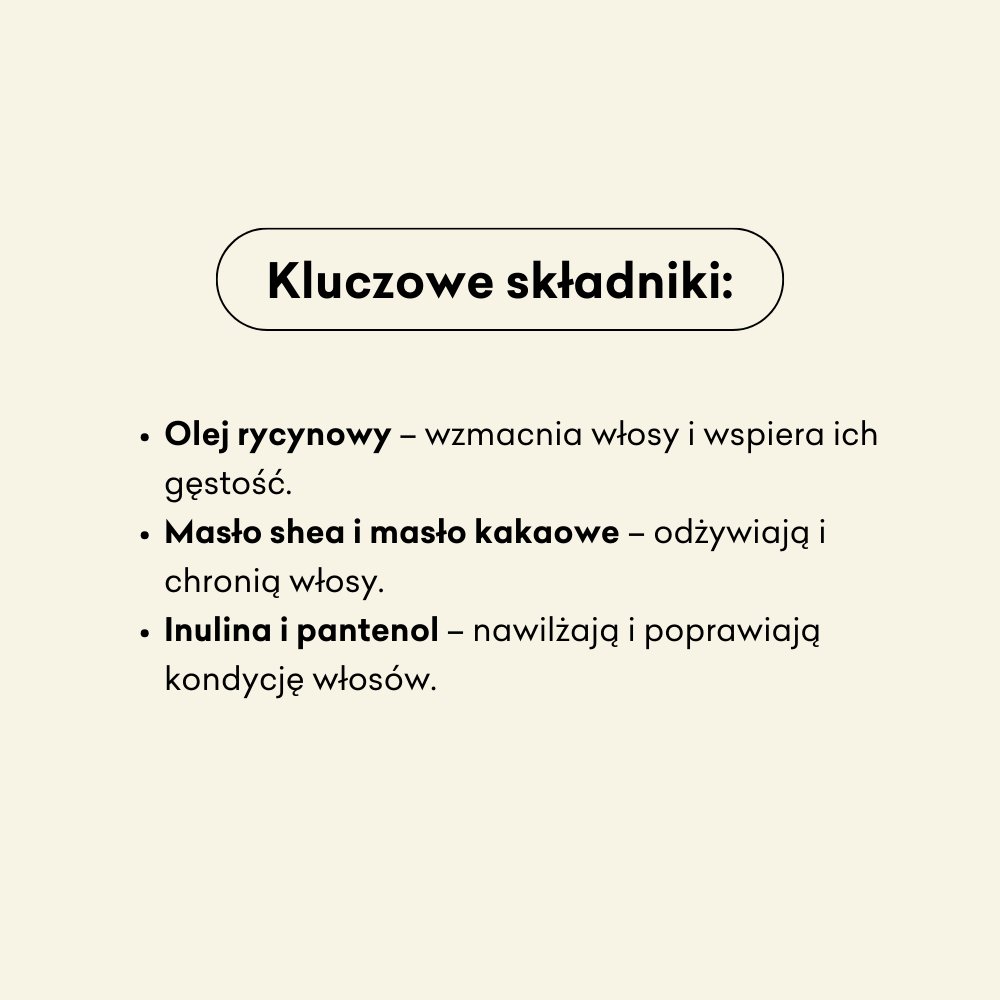 Szampon w kostce Uniwersalny infografika kluczowe składniki: olej rycynowy, masło shea i masło kakaowe , inulina, pantenol.
