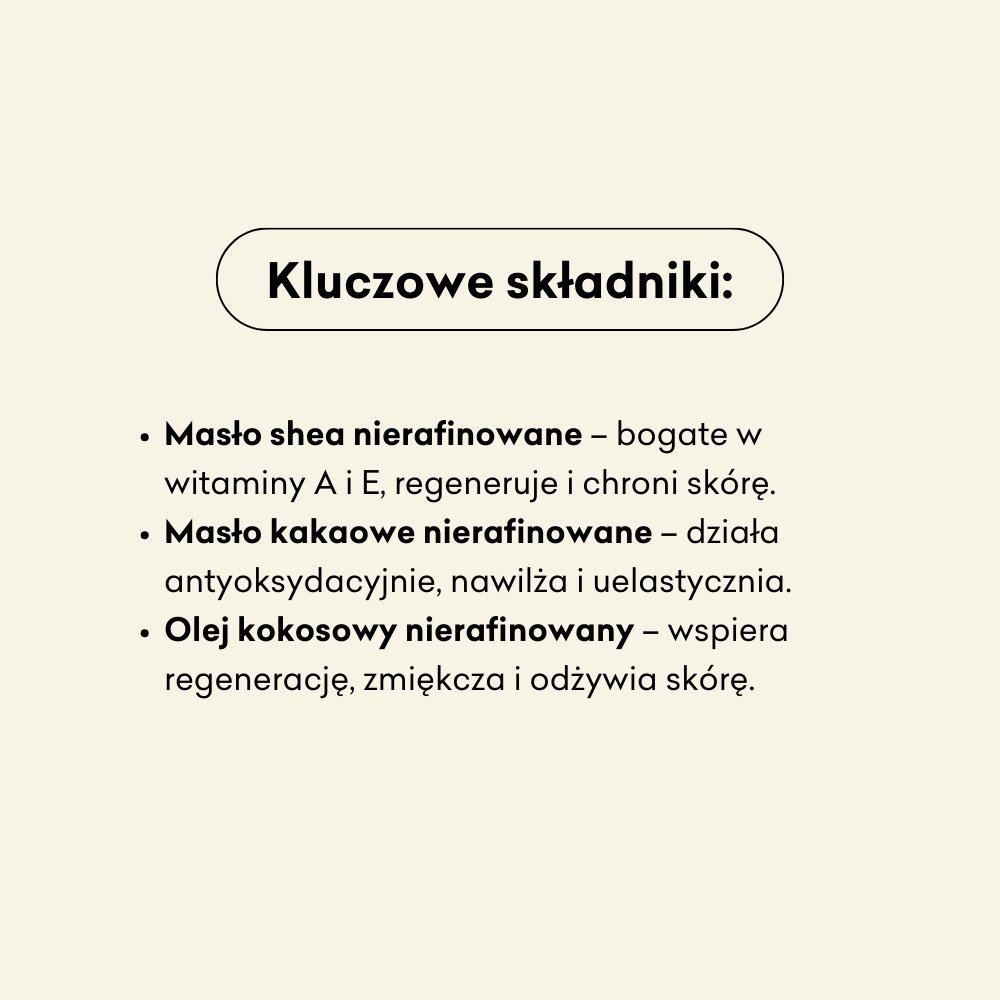 Superblend infografika kluczowe składniki: masło shea nierafinowane, masło kakaowe nierafinowane, olej kokosowy nierafinowany.