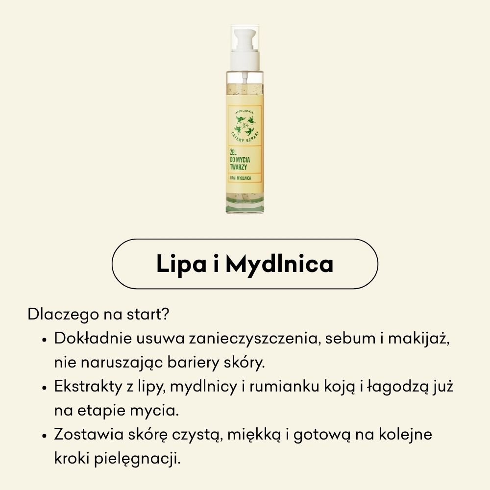 Żel do mycia twarzy Lipa i Mydlnica dokładnie usuwa zanieczyszczenia, sebum i makijaż nie naruszając bariery skóry. 