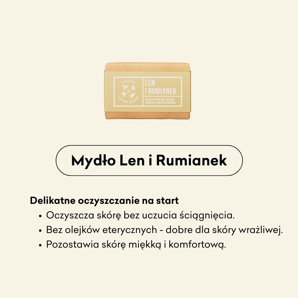 Mydło Len i Rumianek oczyszcza skórę bez uczucia ściągnięcia, bez olejków eterycznych, pozostawia skórę miękką i komfortową. 