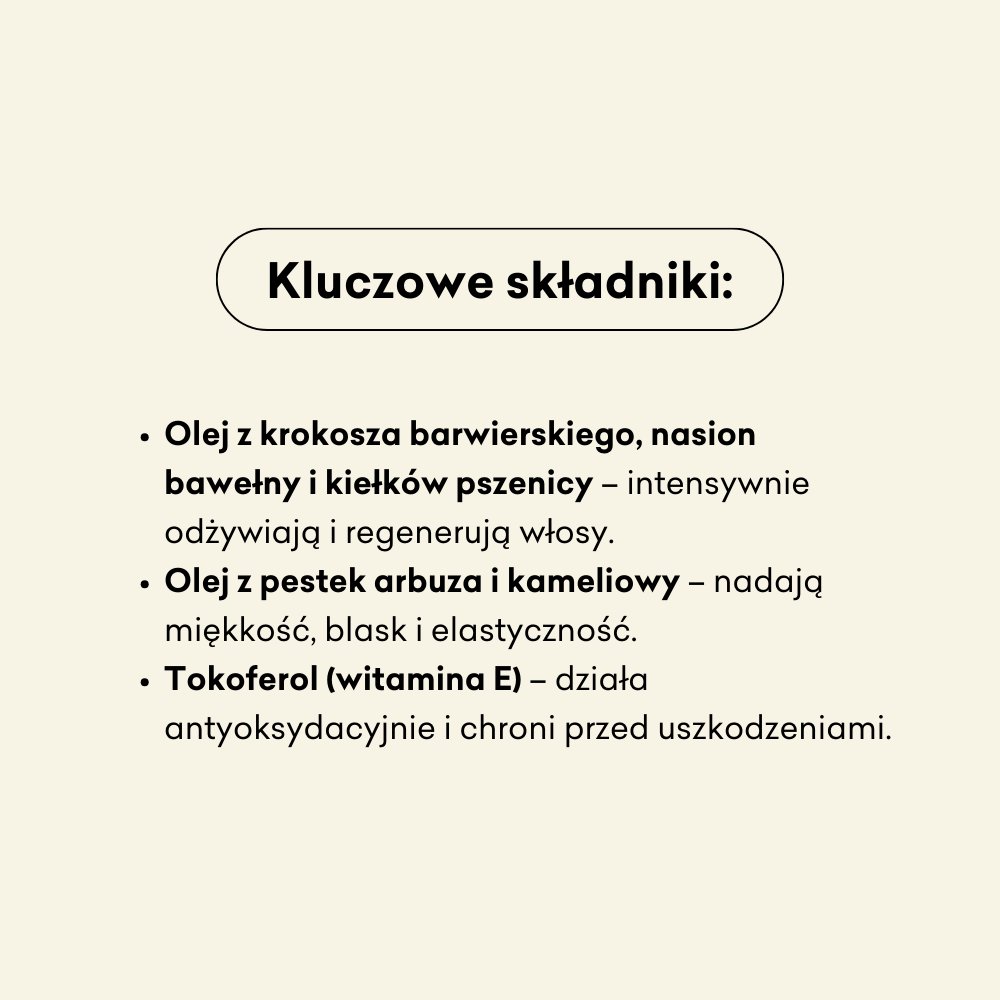 Serum do włosów wysokoporowatych składniki: olej z krokosza barwierskiego, nasion bawełny, kiełków pszenicy, pestek arbuza, kameliowy, tokoferol.