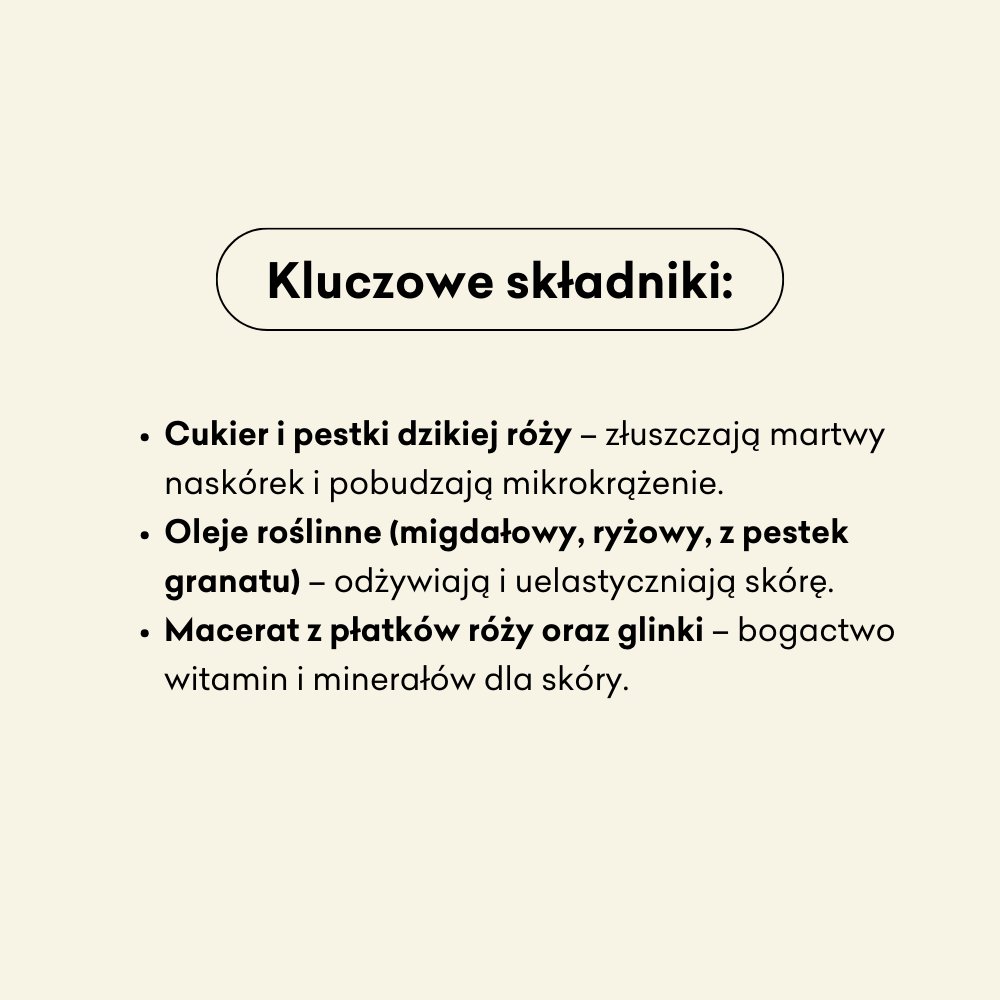 Leśna Róża - peeling cukrowy: cukier, pestki z dzikiej róży, oleje roślinne, macerat z płatków róży oraz glinki.