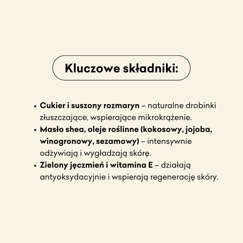 Rozmaryn i Mandarynka - peeling cukrowy kluczowe składniki: cukier, suszony rozmaryn, masło shea, oleje roślinne, zielony jęczmień, witamina E. 