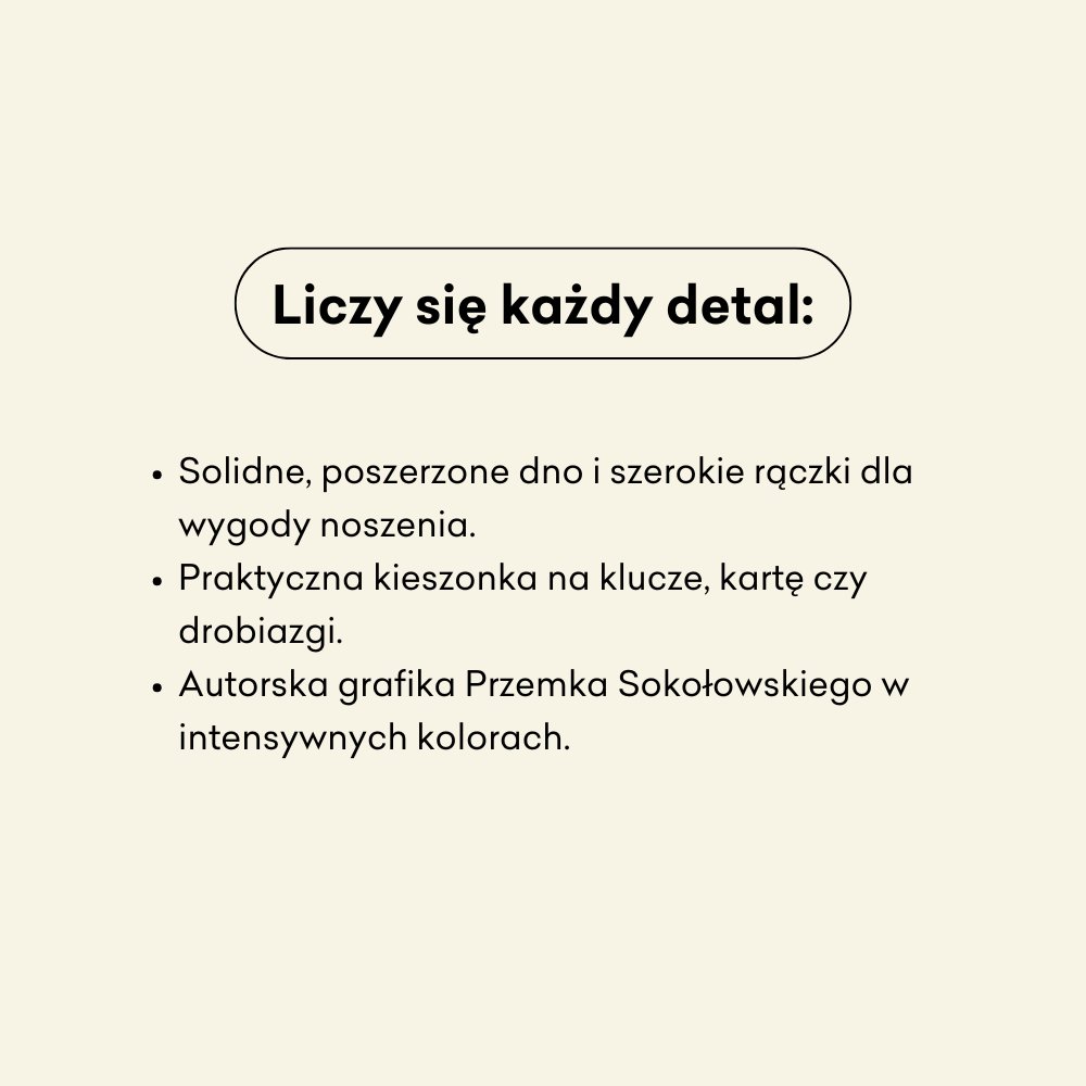 Beżowa grafika z nagłówkiem "Liczy się każdy detal" oraz trzema punktami opisującymi cechy produktu w języku polskim, na jasnym tle.