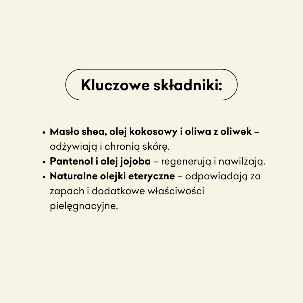 Zestaw Bestsellerowy infografika kluczowe składniki: masło shea, olej kokosowy, oliwa z oliwek, pantenol i olej jojoba, naturalne olejki eteryczne.