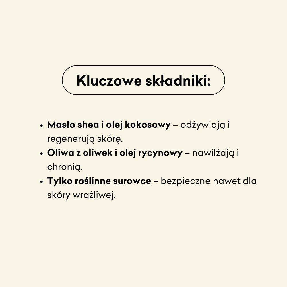 Pięciopak mydeł w kostce infografika kluczowe składniki: masło shea i olej kokosowy, oliwa z oliwek i olej rycynowy, tylko roślinne surowce.