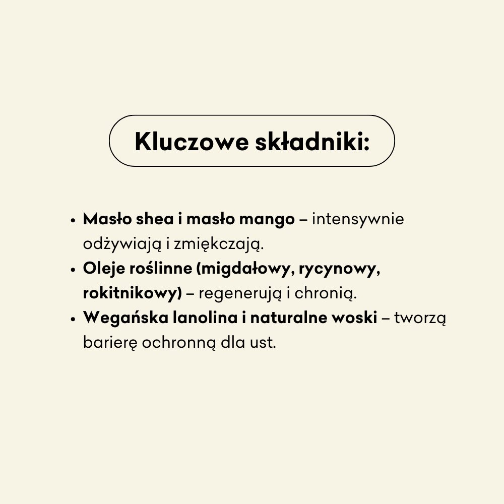 Kluczowe składniki w zestawie peeling i balsam do ust Gorzka Pomarańcza to masło shea, oleje roślinne i wegańska lanolina. 