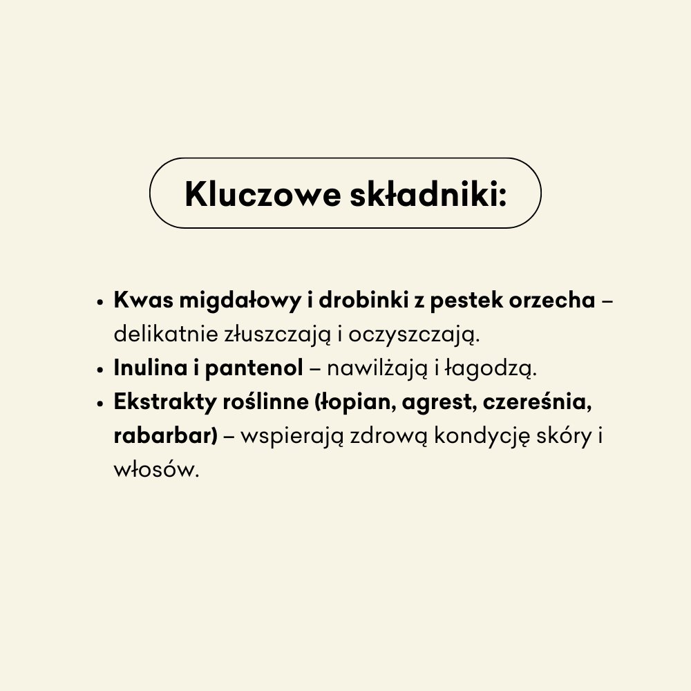 Zestaw - odżywka i peeling do skóry głowy, kluczowe składniki: kwas migdałowy i drobinki z pestek orzecha, inulina i pantenol, ekstrakty roślinne.