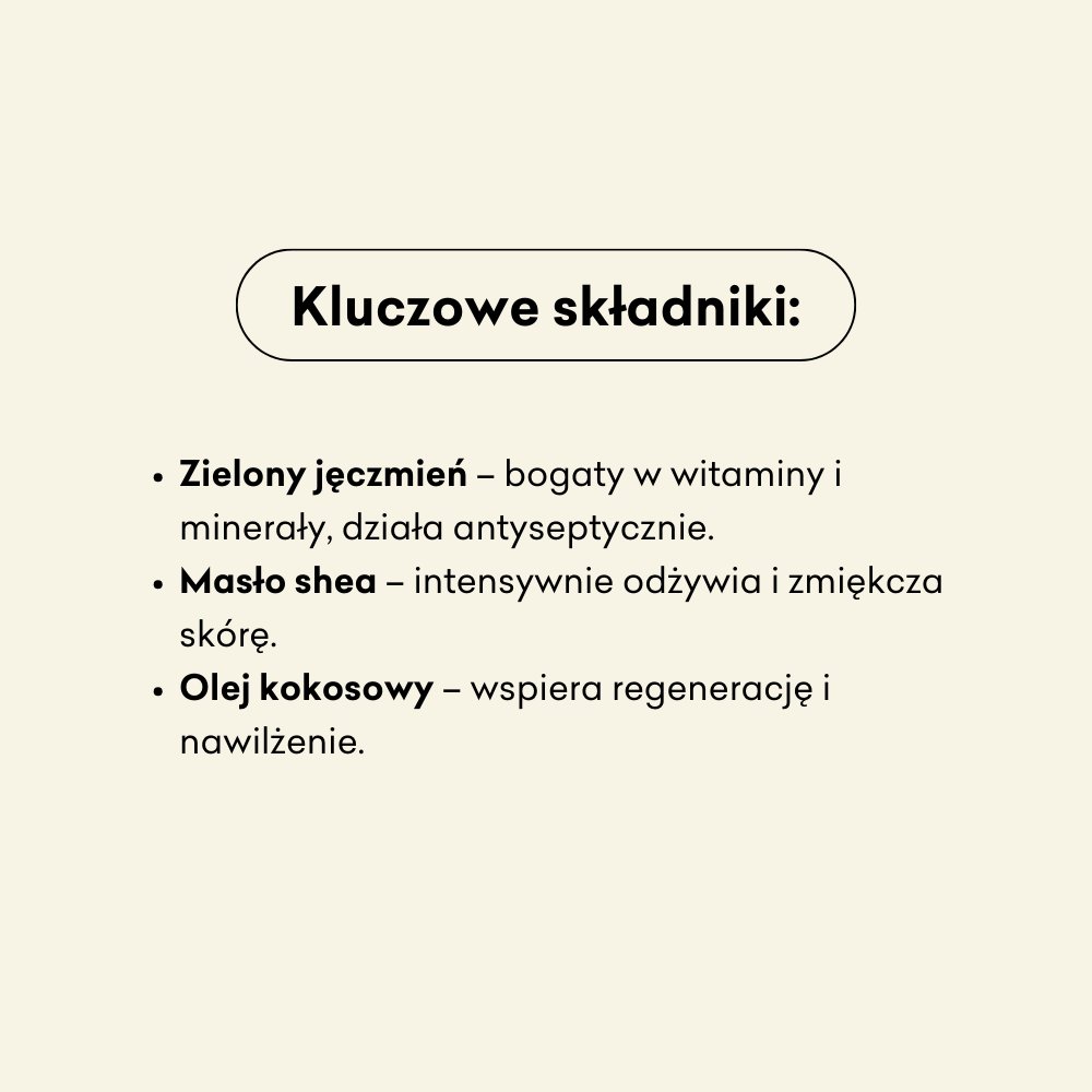 Infografika dotycząca kluczowych składników znajdujących się w półkuli. Zielony jęczmień, masło shea, olej kokosowy. 