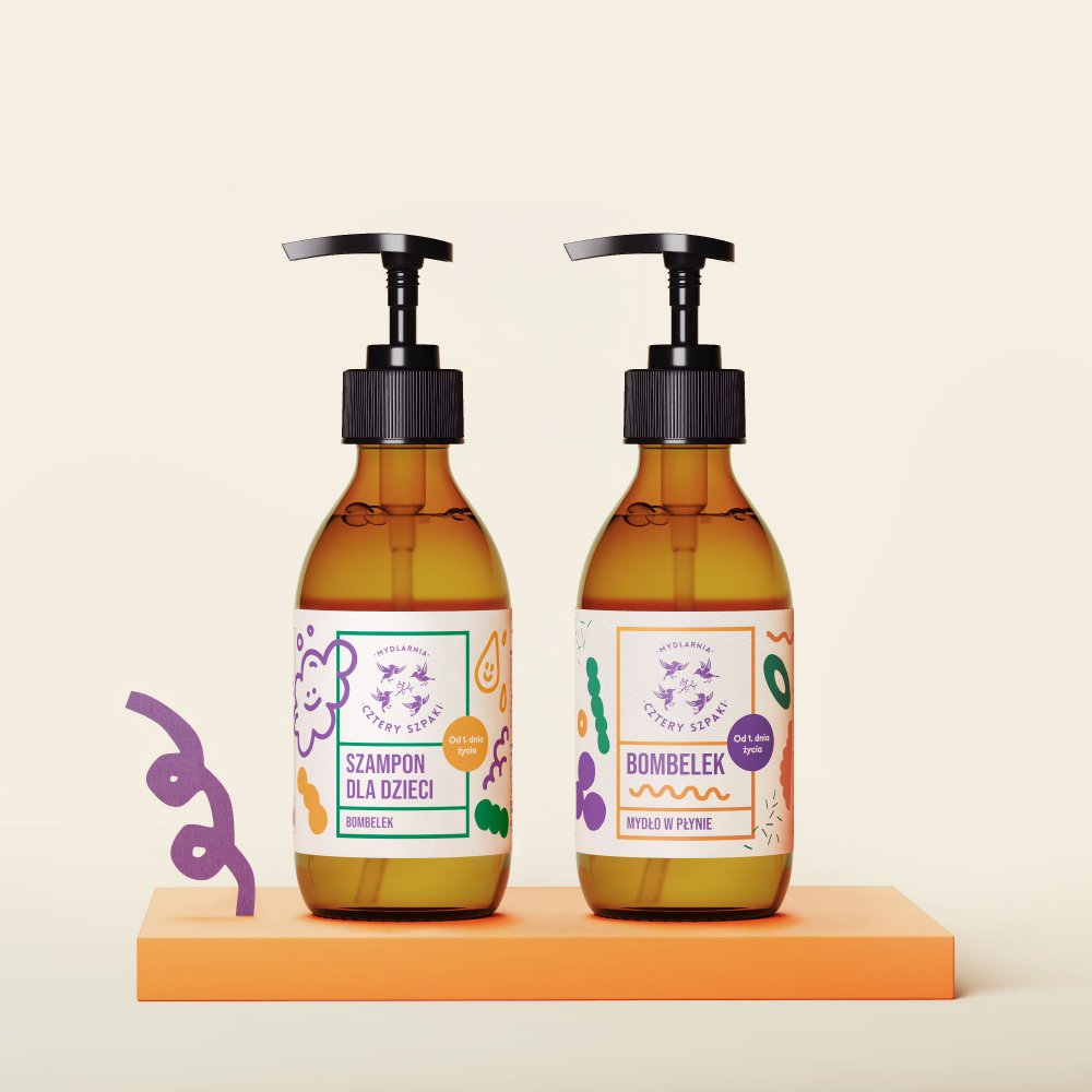 Zestaw Bombelek: szampon w płynie i mydło w płynie dla dzieci od 1. dnia życia. W szklanych butelkach z pompką. 