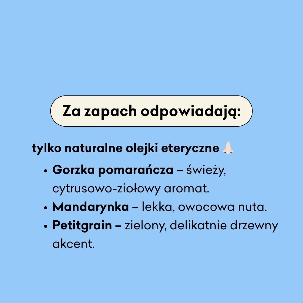 Na obrazku znajduje się tekst na jasnoniebieskim tle, opisujący zapachy stworzone na bazie naturalnych olejków eterycznych: gorzka pomarańcza o świeżym, cytrusowo-ziołowym aromacie, mandarynka o lekkiej, owocowej nucie oraz petitgrain z zielonym, subtelni
