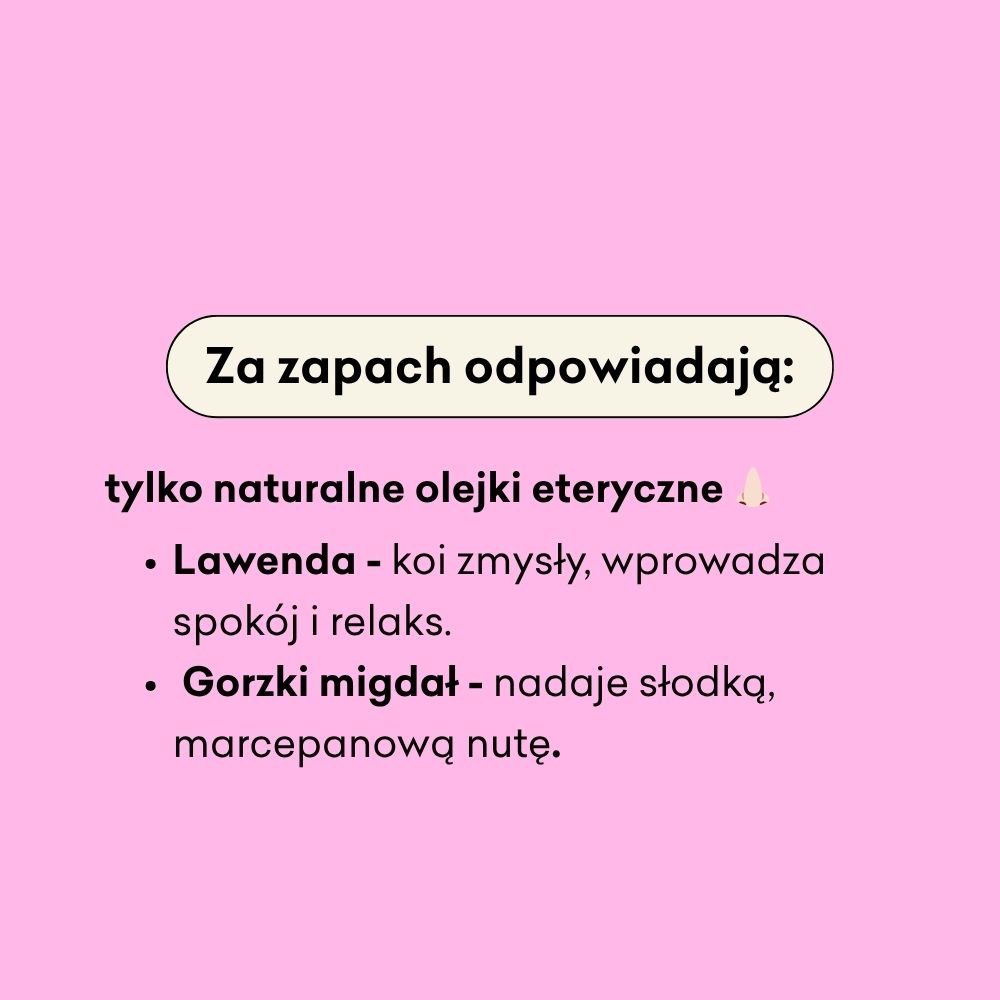 Infografika dotycząca olejków eterycznych, które odpowiedzialne są za zapach produktu. Lawenda i gorzki migdał. 
