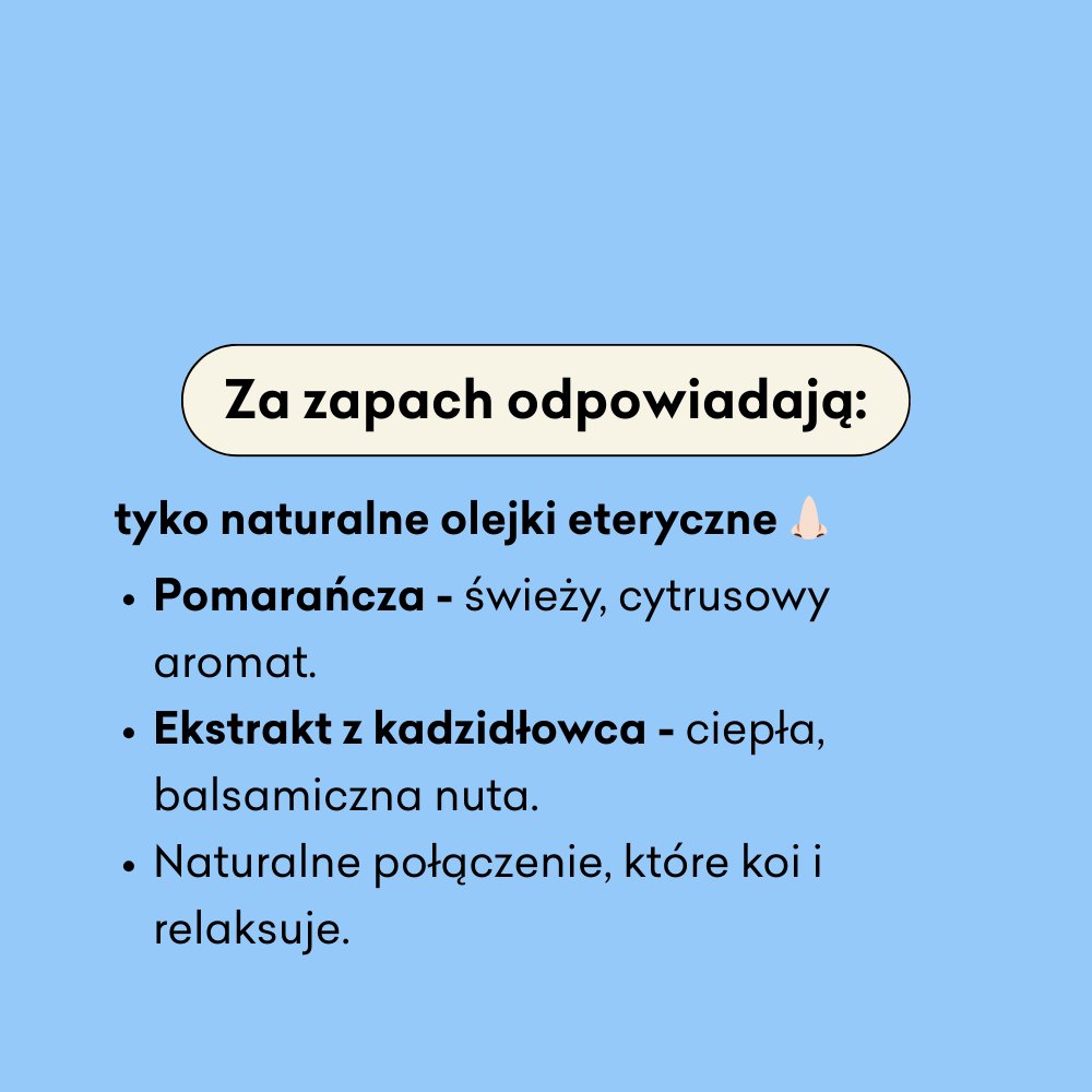 Superkrem infografika za zapach odpowiadają tylko naturalne olejki eteryczne: pomarańcza, ekstrakt z kadzidłowca, naturalne połączenie, które koi i relaksuje