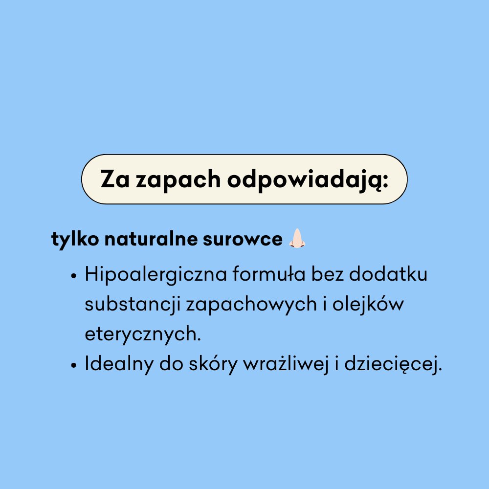 Mydło w kostce Miś z lanoliną 4 Szpaki infografika: hipoalergiczna formuła bez dodatku substancji zapachowych i olejków eterycznych.
