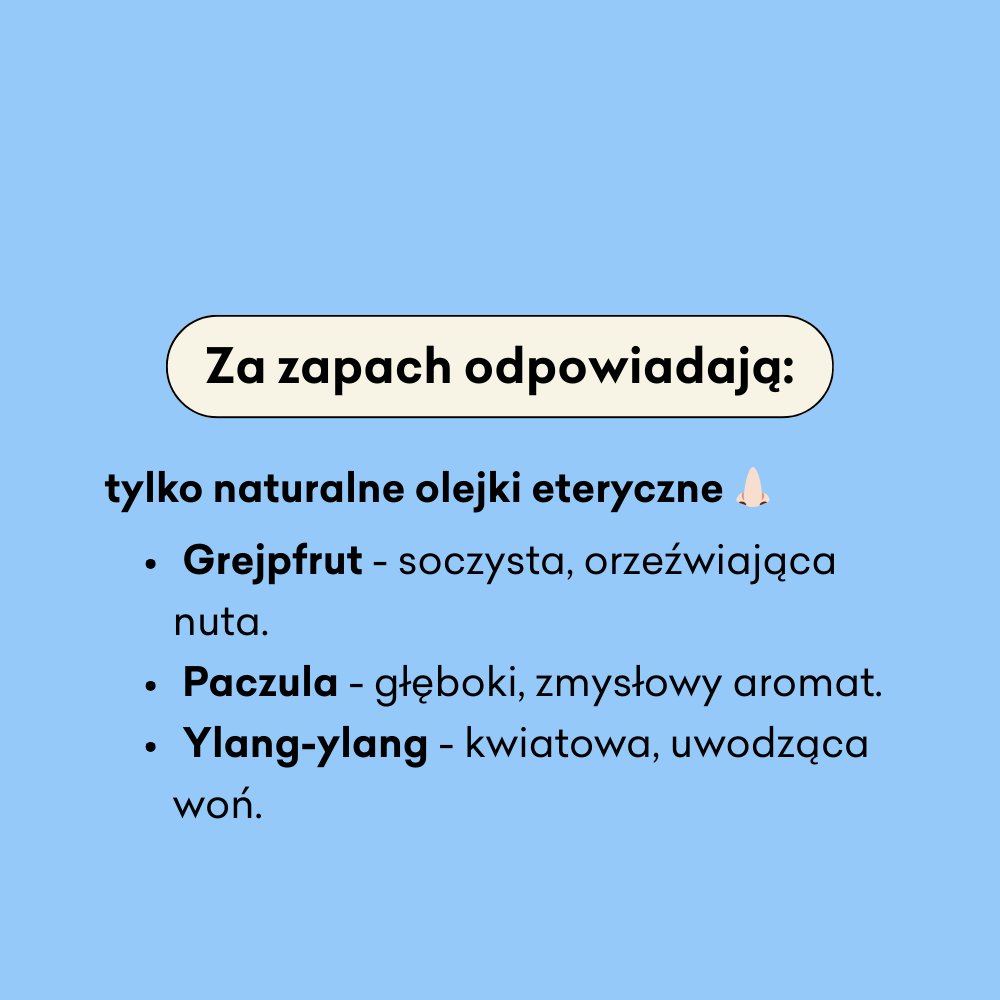 Tekst w języku polskim na niebieskim tle wymieniający naturalne olejki eteryczne: grejpfrut (soczysta, orzeźwiająca nuta), paczula (głęboki, zmysłowy aromat), ylang-ylang (kwiatowy, uwodzicielski zapach). Mały flakonik perfum z emoji.