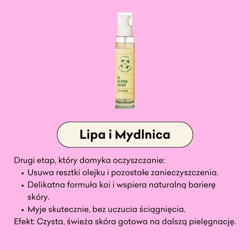 Żel do mycia twarzy Lipa i Mydlnica usuwa resztki olejku i pozostałe zanieczyszczenia. Delikatna formuła koi i wspiera naturalną barierę skóry. 