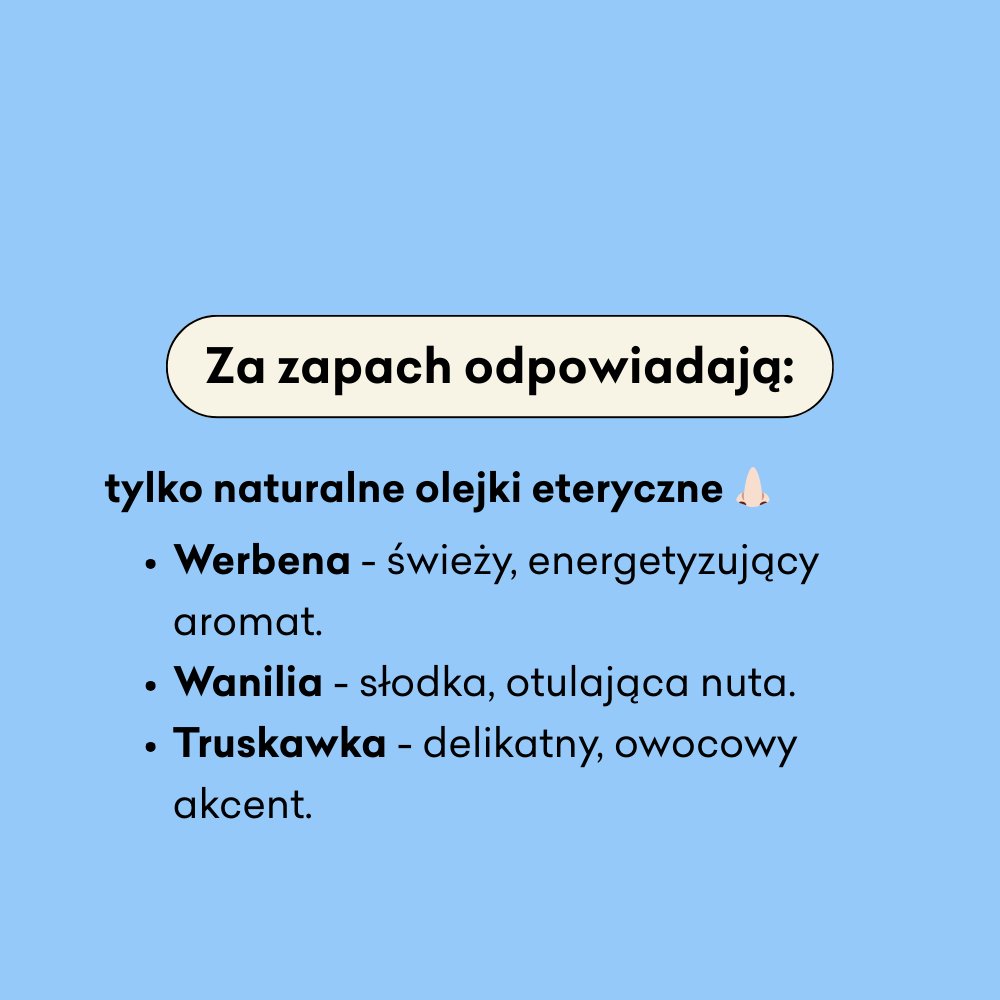Naturalny dezodorant w kremie Truskawka i Werbena bez dodatku sody za zapach odpowiadają tylko naturalne olejki eteryczne.