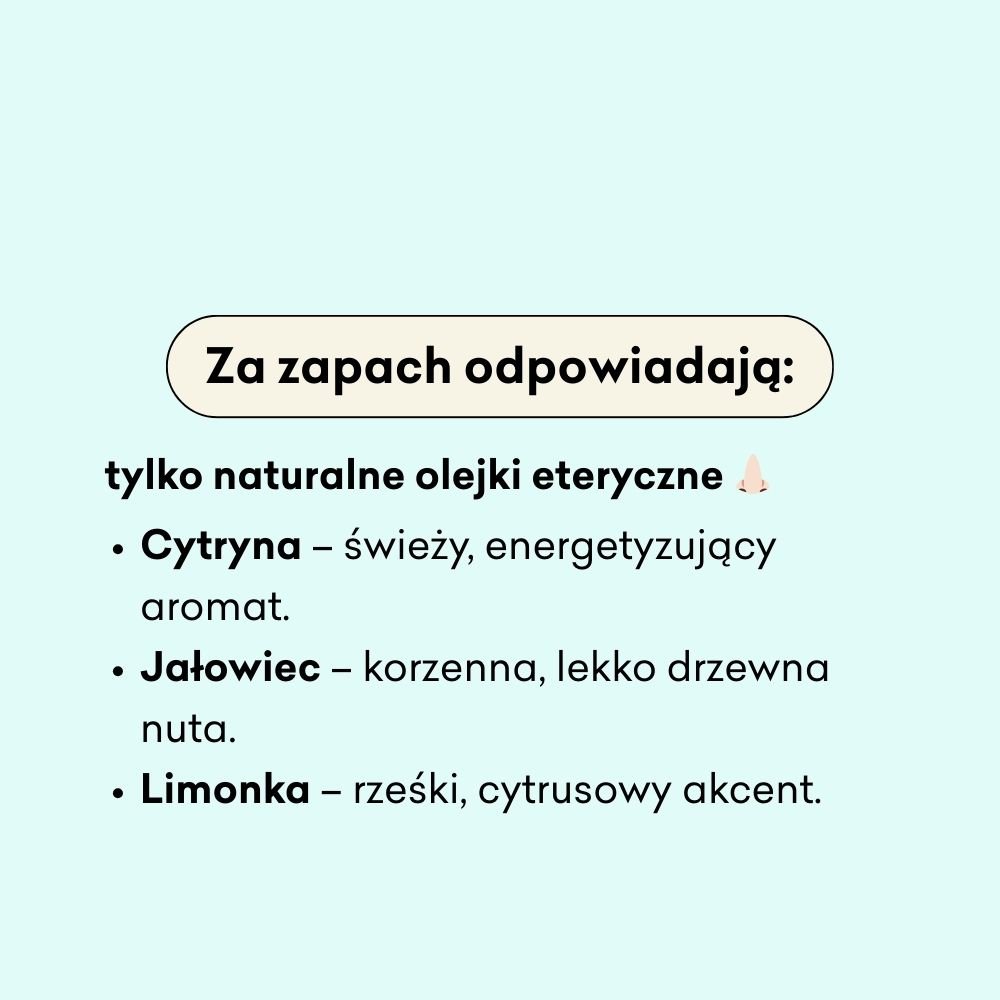 Infografika dotycząca olejków eterycznych, które odpowiadają za zapach produktu. Cytryna, jałowiec i limonka. 