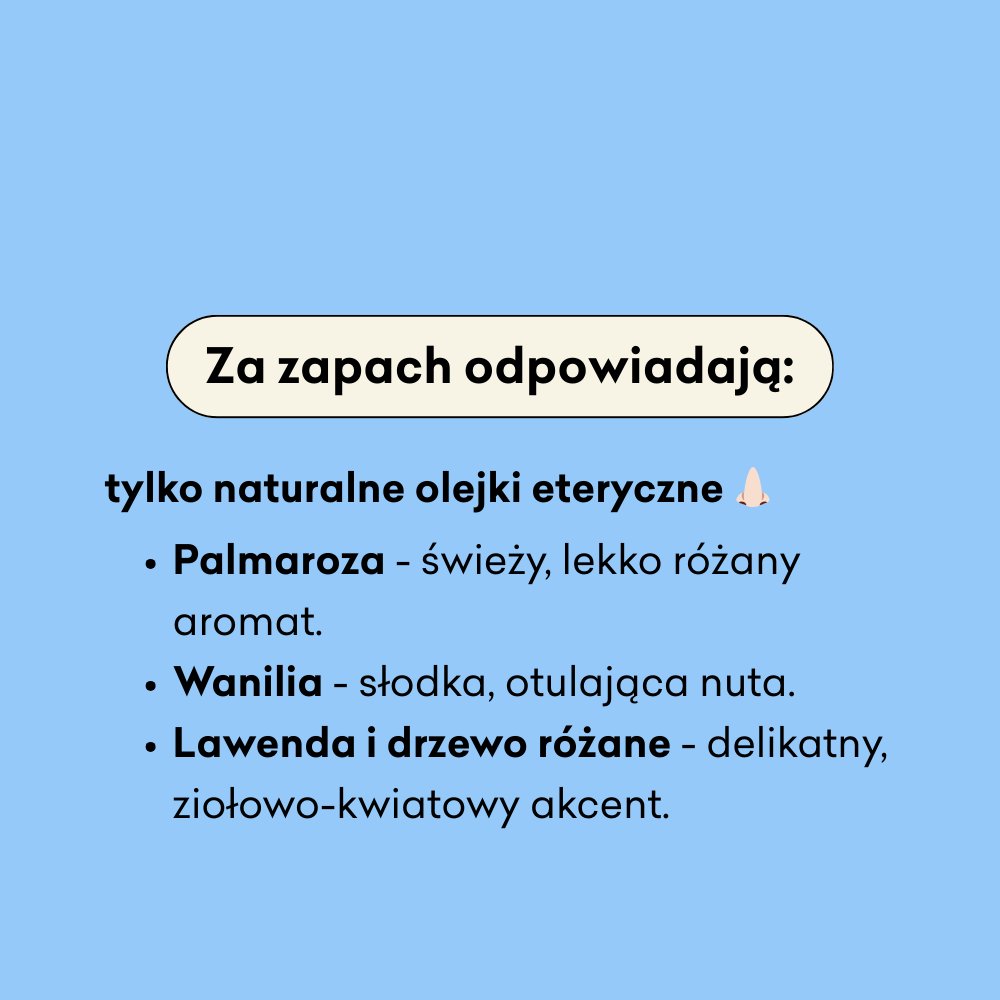 Infografika dotycząca olejków eterycznych, które znajdziesz w dezodorancie Wanilia i Palmaroza. Palmaroza, Wanilia, Lawenda i drzewo różane. 