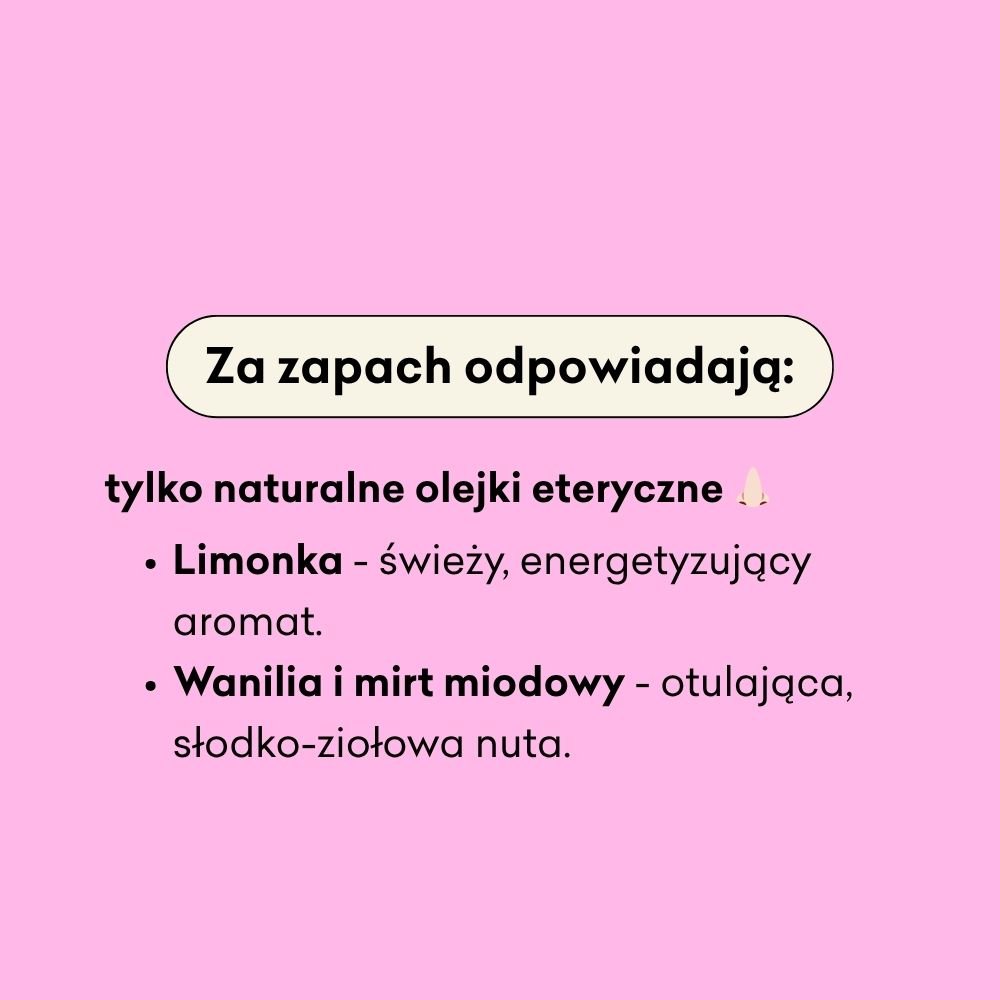 Za zapach mydła odpowiadają olejki eteryczne limonka, wanilia i mirt miodowy. 