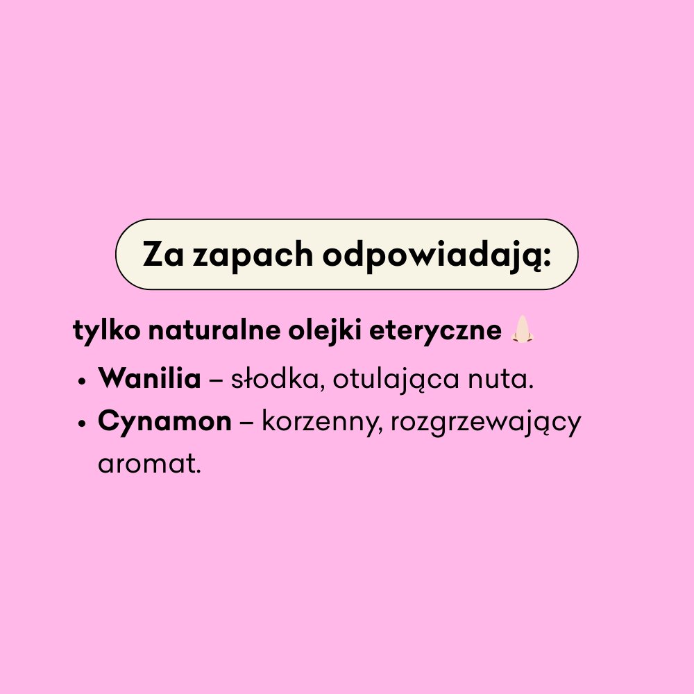 Infografika dotycząca olejków eterycznych odpowiedzialnych za zapach musu. Wanilia i Cynamon. 