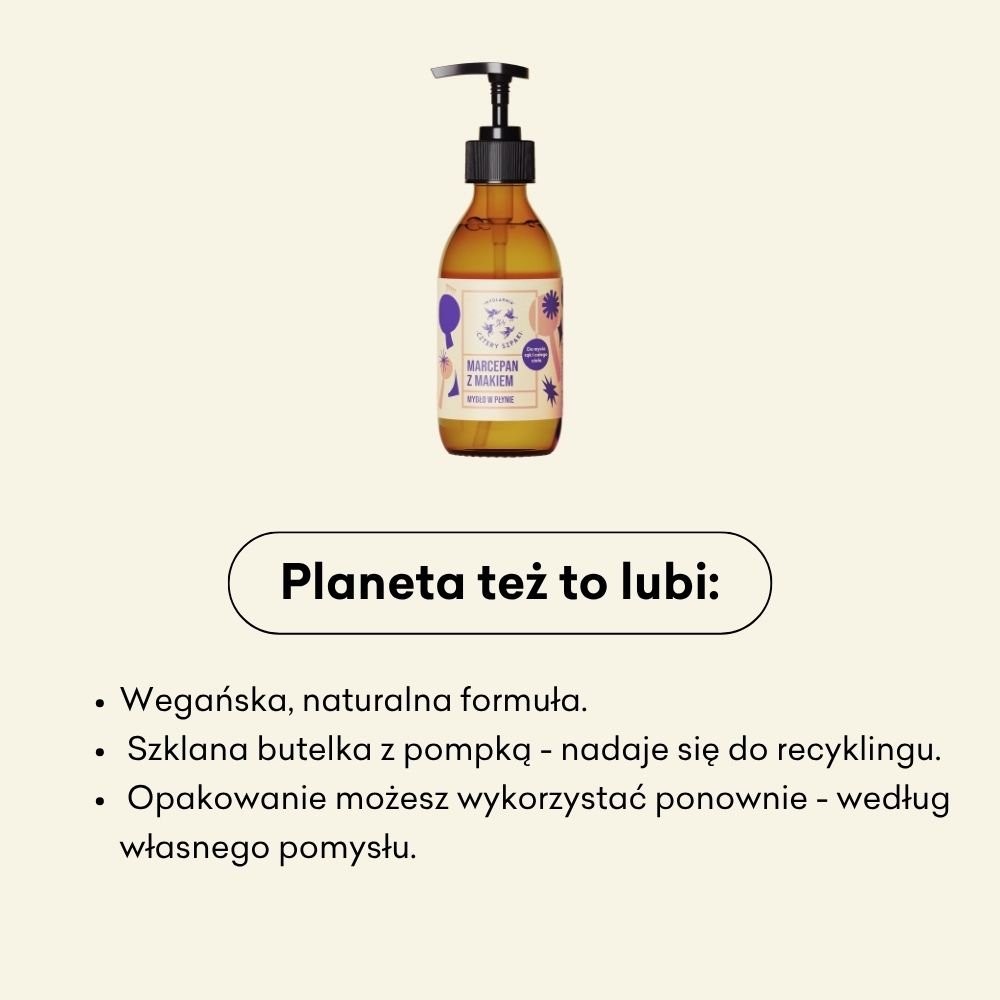 Infografika dotycząca wpływu produktu na planetę. Wegańska formuła, szklana butelka z pompką, która nadaje się do recyklingu. 