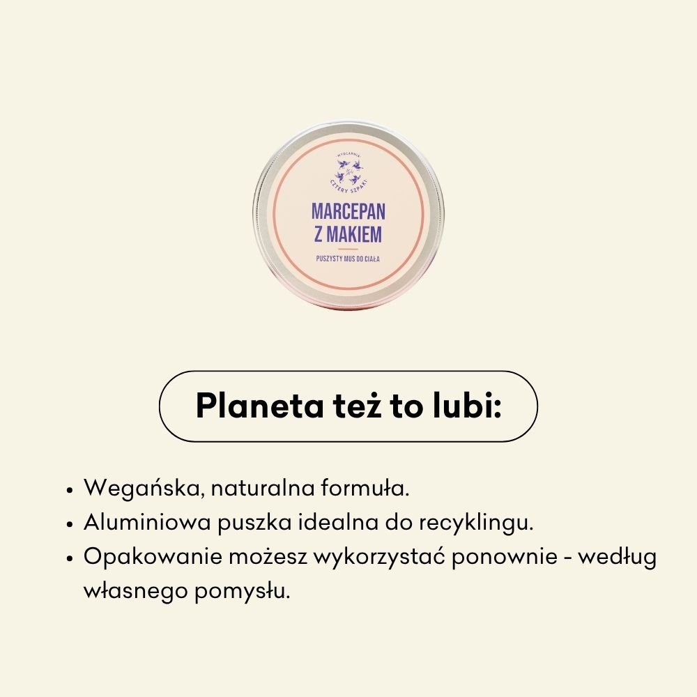 Infografika dotycząca wpływu produktu na planetę. Wegańska formuła, aluminiowa puszka nadająca się do recyklingu. 