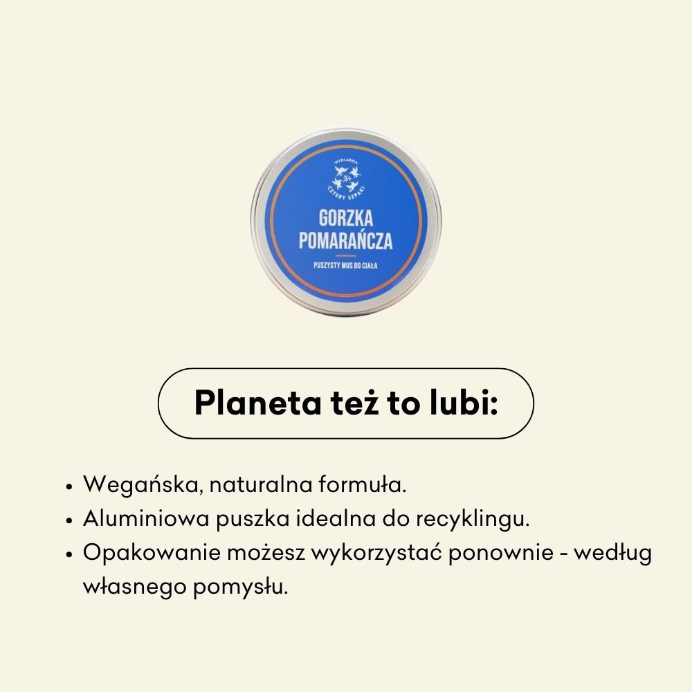 Niebieska puszka z etykietą „Gorzka Pomarańcza” znajduje się pośrodku nad tekstem promującym ekologiczne produkty: wegańskie, naturalną formułę, aluminium nadające się do recyklingu i opakowania wielokrotnego użytku.