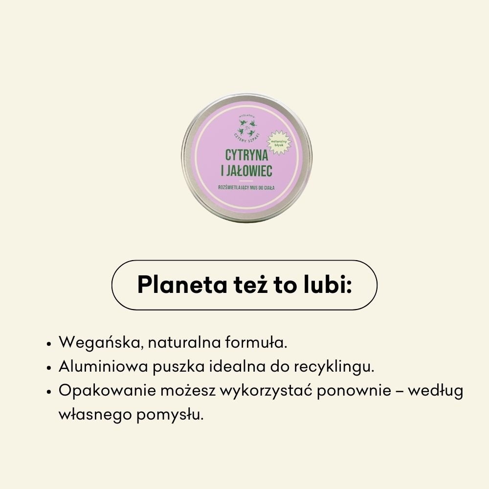 Infografika dotycząca wpływu produktu na planetę. Wegańska formuła, aluminiowa puszka, która nadaje się do recyklingu. 