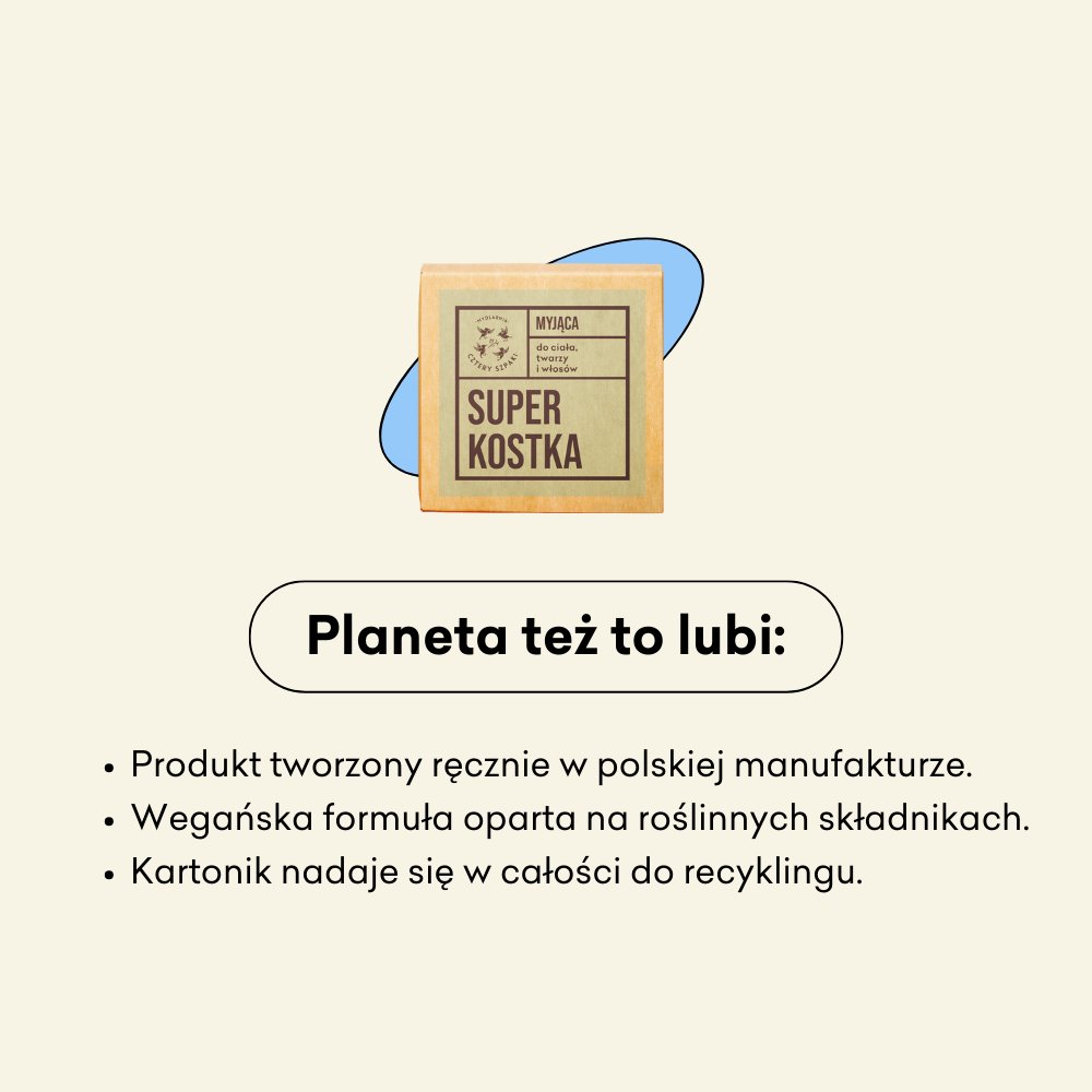 Superkosta 4 Szpaki infografika planeta też to lubi: produkt stworzony ręcznie w polskiej manufakturze, wegańska formuła, kartonik nadaje się do recyklingu.