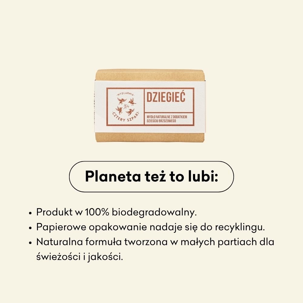 Mydło w kostce Dziegieć infografika: produkt w 100% biodegradowalny, papierowe opakowanie, naturalna formuła.