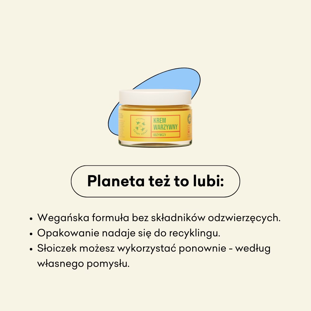 Krem Warzywny infografika planeta też to lubi: wegańska formuła, opakowanie nadaje się do recyklingu, słoiczek można wykorzystać ponownie.