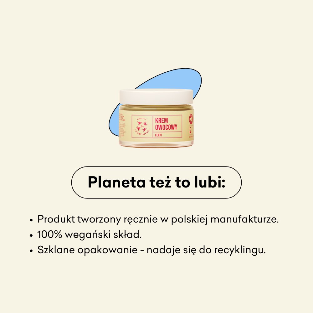 Krem Owocowy infografika planeta też to lubi: produkt tworzony ręcznie w polskiej manufakturze, 100% wegański skład, szklane opakowanie - nadaje się do recyklingu.