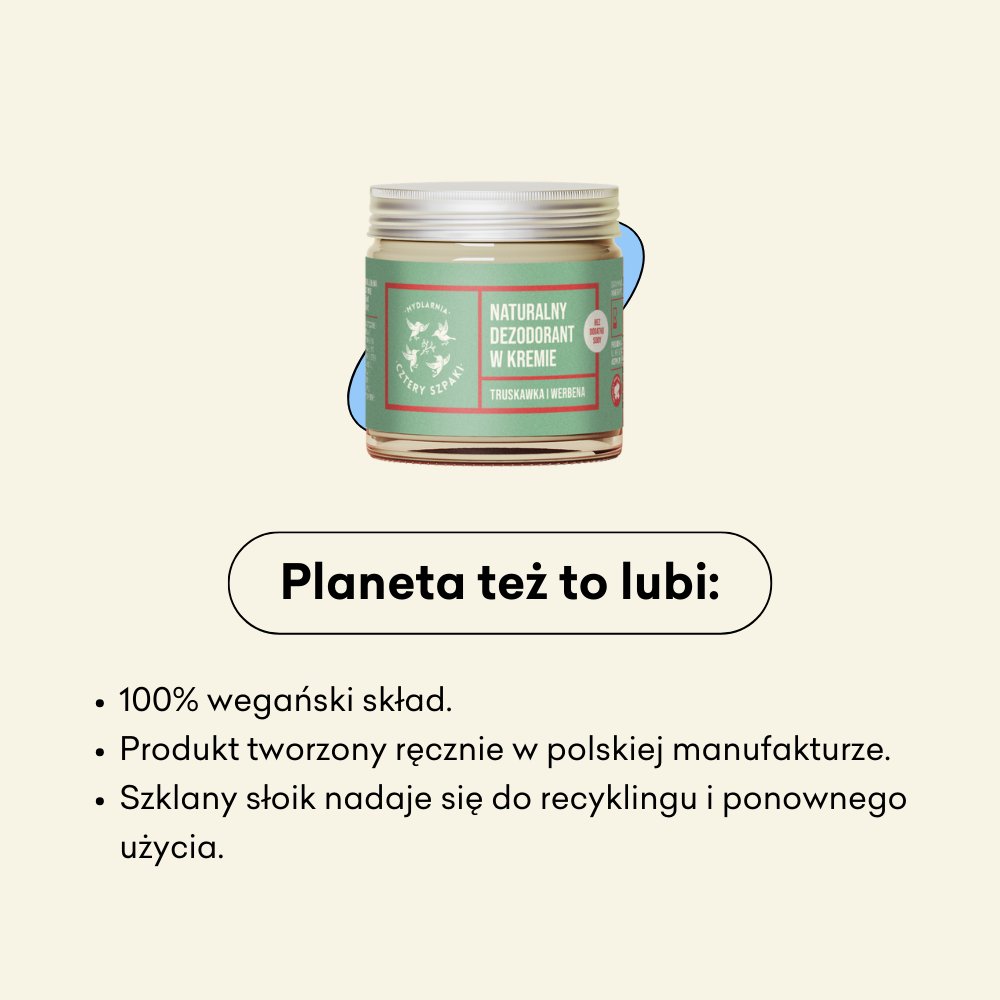Naturalny dezodorant w kremie Truskawka i Werbena bez dodatku sody: 100% wegański skład.